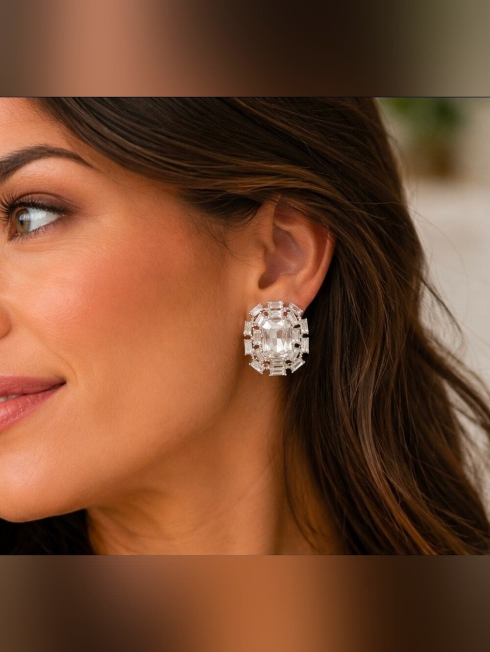 nOir Crystal Rosette Statement Earrings Silver Clear Rhinestone Glam NWT